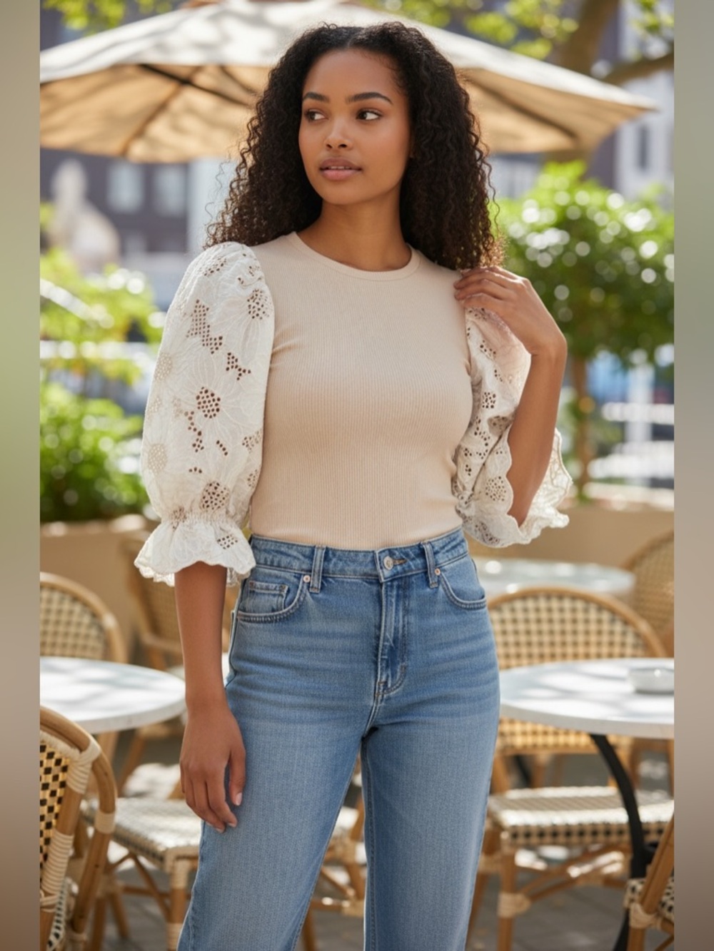 Elie Tahari Ribbed Knit Top with White Eyelet Puff Sleeves